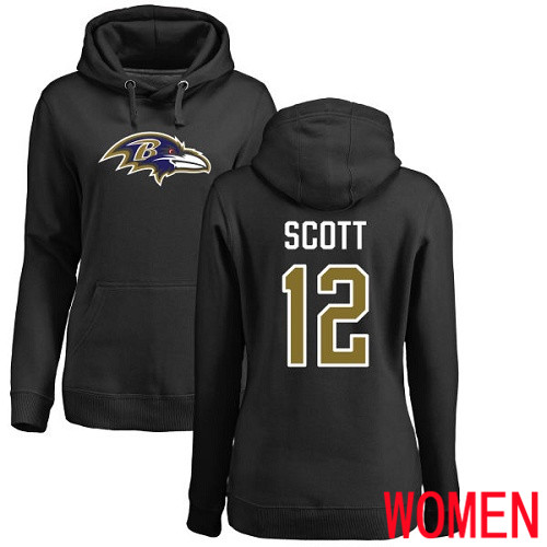 Baltimore Ravens Black Women Jaleel Scott Name and Number Logo NFL Football #12 Pullover Hoodie Sweatshirt